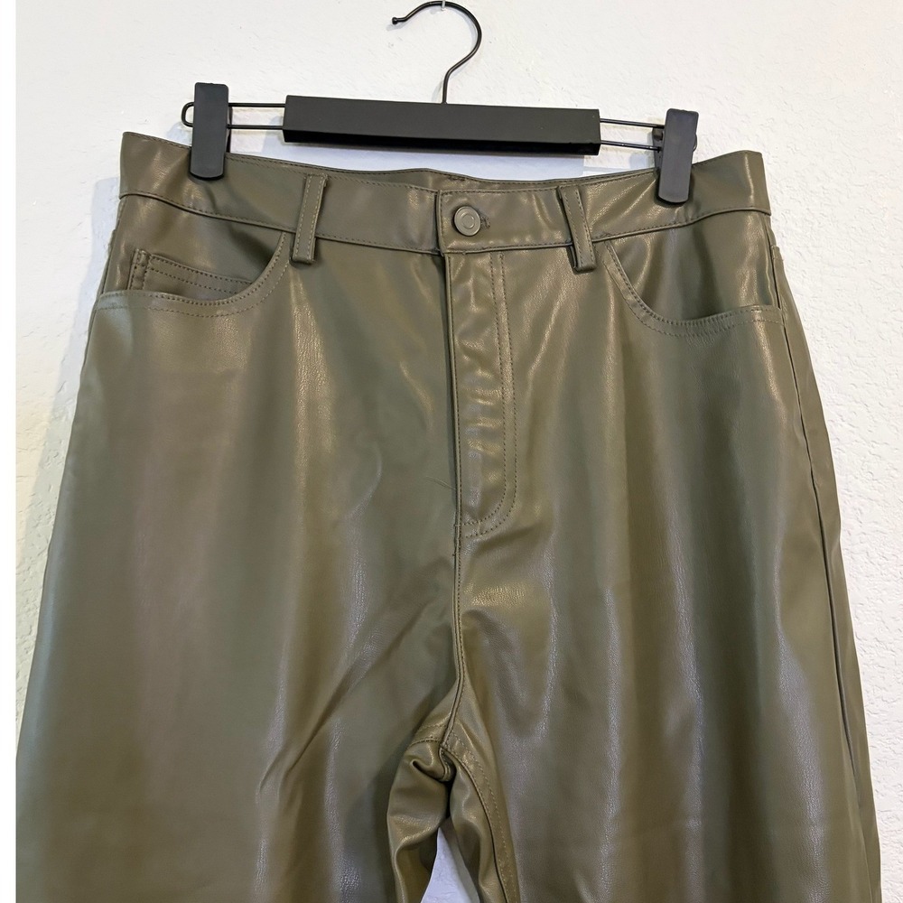 NEW Zara Olive Green Faux Leather Straight Leg High Rise Pants MEDIUM - Picture 3 of 6